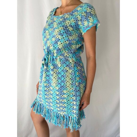 70s vintage blue hand knit hippy granny hippy thick crochet fringed midi dress - Picture 2 of 8